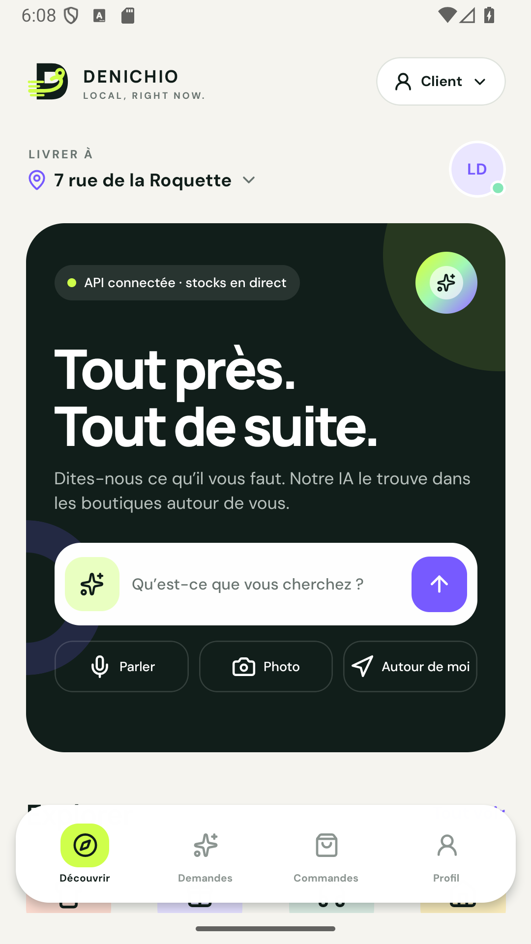 Écran d’accueil de l’application mobile Denichio