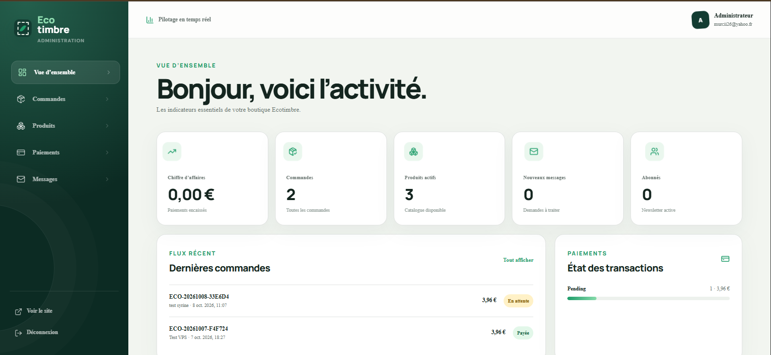 Tableau de bord de la plateforme Ecotimbre : commandes, produits et paiements